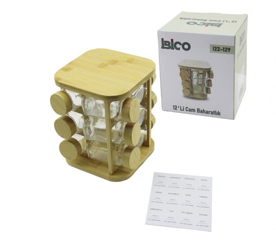 İBİCO İ22-129 ( 12PCS ) ( KARE & DÖNER STANDLI ) ( CAM ) ( BAMBU KAPAK ) TUZLUK & BAHARATLIK SETİ ( BAMBU STAND=17X17CM & Y: 21CM )*12
