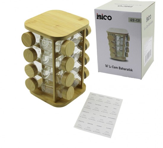 İBİCO İ22-131 ( 16PCS ) ( KARE & DÖNER STANDLI ) ( CAM ) ( BAMBU KAPAK ) TUZLUK & BAHARATLIK SETİ ( BAMBU STAND= 17X17CM & Y: 26.5CM )*8