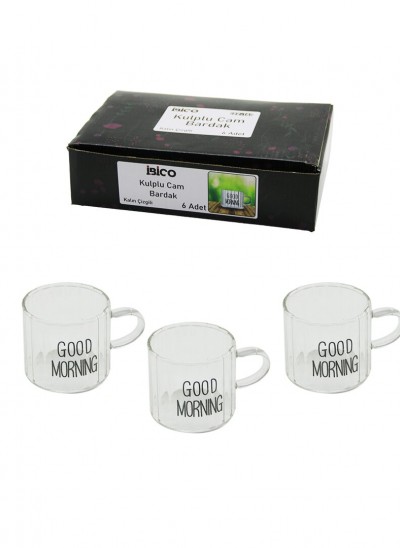 *İBİCO İ22-140 ( 6PCS ) ( KULPLU ) ( GOOD MORNING & KALIN ÇİZGİLİ CAM ) KAHVE YANI BARDAK ( 90ML )*48=K