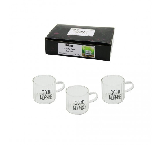 *İBİCO İ22-140 ( 6PCS ) ( KULPLU ) ( GOOD MORNING & KALIN ÇİZGİLİ CAM ) KAHVE YANI BARDAK ( 90ML )*48=K