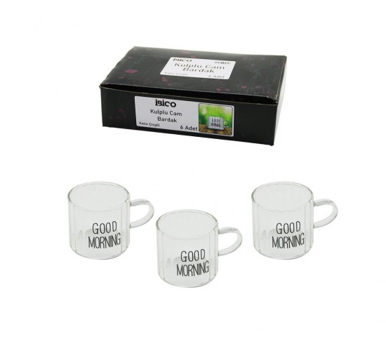 *İBİCO İ22-140 ( 6PCS ) ( KULPLU ) ( GOOD MORNING & KALIN ÇİZGİLİ CAM ) KAHVE YANI BARDAK ( 90ML )*48=K