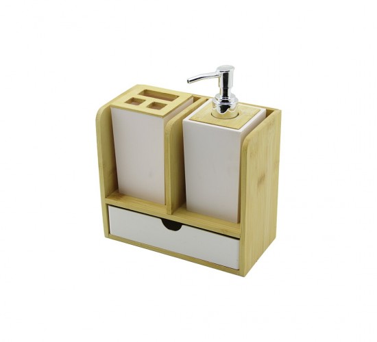 URVE UR-3523 ( ÇEKMECELİ & DİŞ FIRÇA KUTUSU & SABUNLUK ) BAMBU BANYO SET ( AHŞAP & BAMBU STANDLI )*8=K