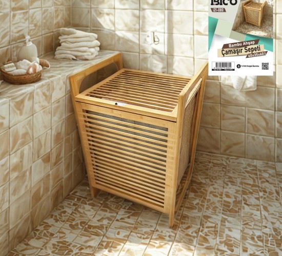 İBİCO İ21-080 ( ÜSTTEN AÇILIR ) ( KALIN AHŞAP BAMBU ) KİRLİ ÇAMAŞIR SEPETİ ( KUMAŞ ÇANTALI ) ( SEPET=40X35X60CM )*6