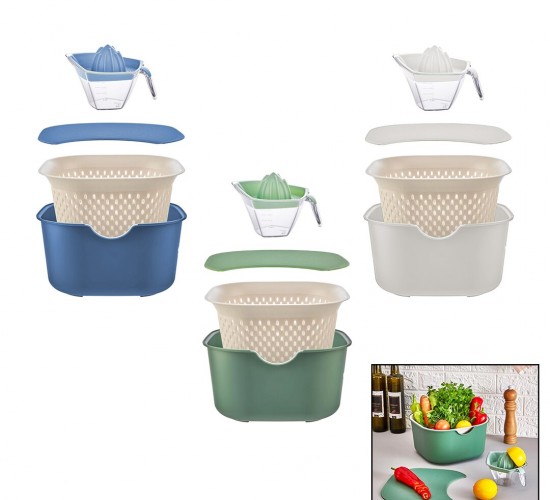 MOİ PLASTİK OCE-1005 ( MİX ) ( 5PCS ) MUTFAK SETİ PLASTİK ( KARIŞTIRMA KAP=4LT & SÜZGEÇ=3.5LT & KESİM PANO & SIKACAK=0.25LT )*16=K