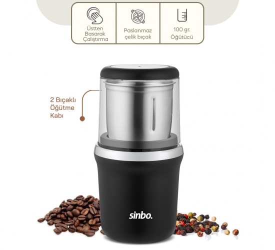 SİNBO SCM-2997 (KROM KENAR) KAHVE & BAHARAT ÖĞÜTÜCÜ (ÇELİK BIÇAK & Ö.HAZNESİ=100GR) (200W) (BAS ÇALIŞTIR KAPAK=MİKA PLS)*6
