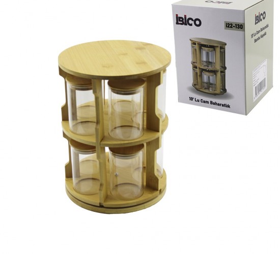 İBİCO İ22-130 ( 10PCS ) ( 2 KATLI ) ( YUVARLAK & DÖNER STANDLI ) ( CAM ) (BAMBU KAPAK) TUZLUK & BAHARATLIK SETİ (BAMBU STAND=ÇAP: 21CM & Y: 28CM )*6