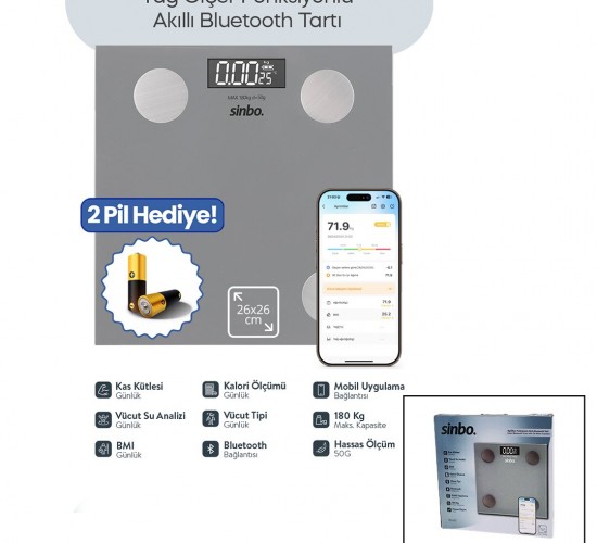 SİNBO SBS-4473 ( GRİ ) (YAĞ ÖLÇER) AKILLI (BLUETOOTH) CAM BASKÜL (PİLLİ) (180KG/50GR) (26X26CM) (8-KİŞİ HAFIZA) (LCD EKRAN) (℃ GÖSTERGE)*10