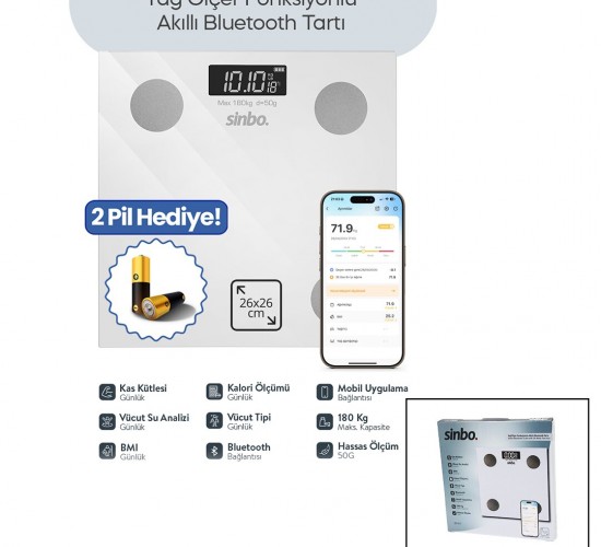 SİNBO SBS-4472 ( BEYAZ ) (YAĞ ÖLÇER) AKILLI (BLUETOOTH) CAM BASKÜL (PİLLİ) (180KG/50GR) (26X26CM) (8-KİŞİ HAFIZA) (LCD EKRAN) (℃ GÖSTERGE)*10