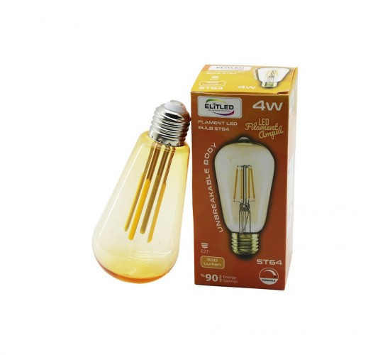 ELİTLED ST-64 ( 4W & E27 ) ( GOLD COLOR ) ( LED FİLAMENT & RUSTİK AMPUL ) LAMBA ( 500LUMEN ) (KIRILMAZ GÖVDE)*80