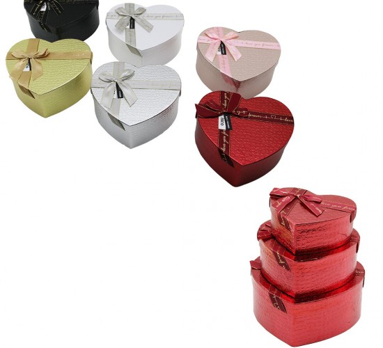 İBİCO İ12-087 (3PCS) (KALP) (PARLAK MİX RENKLİ & KABARTMA DESEN) KARTON HEDİYE KUTUSU (KURDELALI) (22X20-19X17-16X14CM)*36