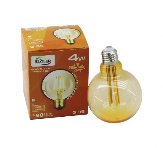 ELİTLED G-95 ( 4W & E27 ) ( GOLD COLOR ) ( LED FİLAMENT & RUSTİK AMPUL ) LAMBA ( 400LUMEN & 2200K ) (KIRILMAZ GÖVDE)*80