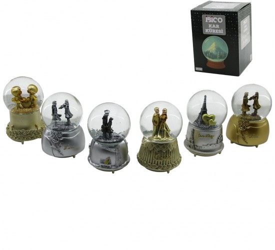 İBİCO İ12-077 ( BÜYÜK BOY & 10CM ) ( PİLLİ & IŞIKLI ) ( MÜZİKLİ ) KAR KÜRESİ CAM ( ESKİTME İNSAN FİGÜRLÜ & DESEN MİX ) RENKLİ*24                     qwe02