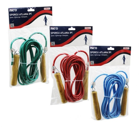 İBİCO İ19-021 ( AHŞAP SAPLI ) PVC ATLAMA İPİ RENKLİ ( 5MT )*60