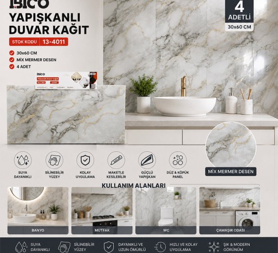 İBİCO İ13-085 ( 4PCS ) ( 30X60CM ) ( DÜZ & PANEL ) ( MİX MERMER DESEN ) YAPIŞKANLI DUVAR KAĞIT*60=K