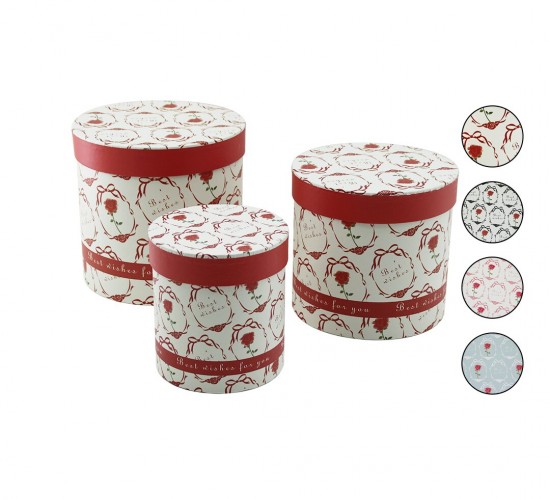İBİCO İ12-083 ( 3PCS ) ( YUVARLAK ) ( ÇİÇEK DESENLİ & MİX RENKLİ ) KARTON HEDİYE KUTUSU ( 18-16-12CM )*36
