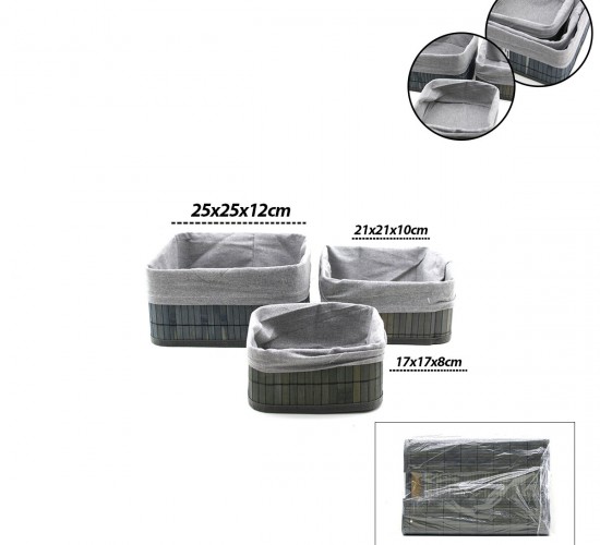 İBİCO İ22-328 ( GRİ ) ( 3 BOY ) ( KARE ) ( BAMBU KENAR ) ORGANİZER SEPET ( AHŞAP ALTLIK & BEZLİ ) ( 17X21X25CM )*24