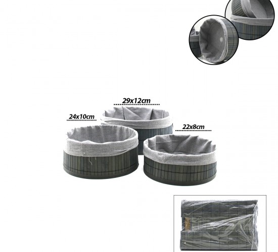 İBİCO İ22-329 ( GRİ ) ( 3 BOY ) ( YUVARLAK ) ( BAMBU KENAR ) ORGANİZER SEPET ( AHŞAP ALTLIK & BEZLİ ) ( ÇAP: 22X24X29CM )*24