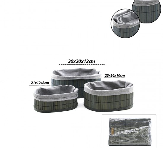 İBİCO İ22-330 ( GRİ ) ( 3 BOY ) ( OVAL ) ( BAMBU KENAR ) ORGANİZER SEPET ( AHŞAP ALTLIK & BEZLİ ) ( 12X21-16X25-20X30CM )*24