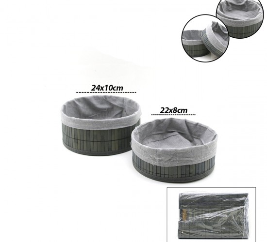 İBİCO İ22-333 ( GRİ ) ( 2 BOY ) ( YUVARLAK ) ( BAMBU KENAR ) ORGANİZER SEPET ( AHŞAP ALTLIK & BEZLİ ) ( ÇAP=22X24CM )*36