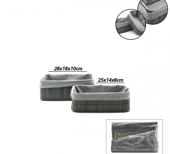 İBİCO İ22-334 ( GRİ ) ( 2 BOY ) ( D.DÖRTGEN ) ( BAMBU KENAR ) ORGANİZER SEPET ( AHŞAP ALTLIK & BEZLİ ) ( 25X14-28X18CM )*36
