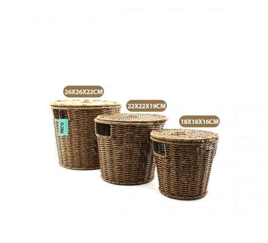 İBİCO İ22-337 ( 3PCS ) (YUVARLAK) (METAL İSKELE ) PLS.HASIR ORGANİZER SEPET ( KAPAKLI ) ( 22X22X18CM )*12=K