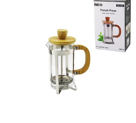 İBİCO İ22-342 FRENCH PRESS ( METAL KAFES & BAMBU SAP BAMBU KAPAK ) ( 350ML ) ( CAM )  BİTKİ SÜZGEÇİ*60