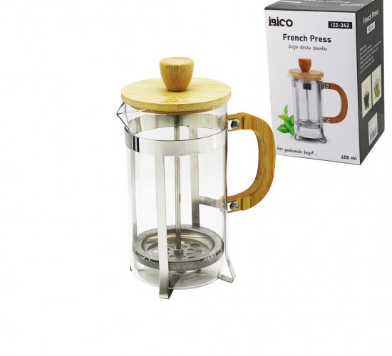 İBİCO İ22-343 FRENCH PRESS ( METAL KAFES & BAMBU SAP BAMBU KAPAK ) ( 600ML ) ( CAM ) BİTKİ SÜZGEÇİ*40