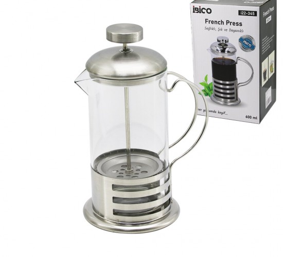 İBİCO İ22-345 FRENCH PRESS ( METAL KAFES & METAL KAPAK ) ( 600ML ) ( CAM ) BİTKİ SÜZGEÇİ*40
