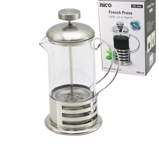 İBİCO İ22-346 FRENCH PRESS ( METAL KAFES & METAL KAPAK ) ( 800ML ) ( CAM ) BİTKİ SÜZGEÇİ*24