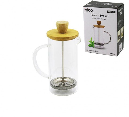 İBİCO İ22-347 FRENCH PRESS ( BAMBU KAPAK) ( 350ML ) ( CAM ) BİTKİ SÜZGEÇİ*60