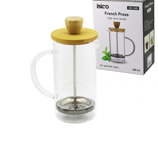 İBİCO İ22-348 FRENCH PRESS ( BAMBU KAPAK) ( 600ML ) ( CAM ) BİTKİ SÜZGEÇİ*40