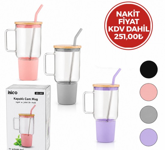İBİCO İ22-349 ( CAM ) ( 1000ML ) MATARA & SULUK ( BAMBU KAPAK & SIZDIRMAZ SİLİKONLU ) ( ÇELİK PİPET ) ( KORUYUCU SİLİKON ALTLIK & KILIF )*24