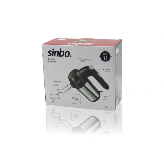 SİNBO SMX-2774 EL MİKSERİ ( 2İN1= KARIŞITMA & ÇIRPMA APARATI ) ( 5 KADEME HIZ AYARI )( PASLANMAZ ÇELİK GÖVDE ) 200W*8