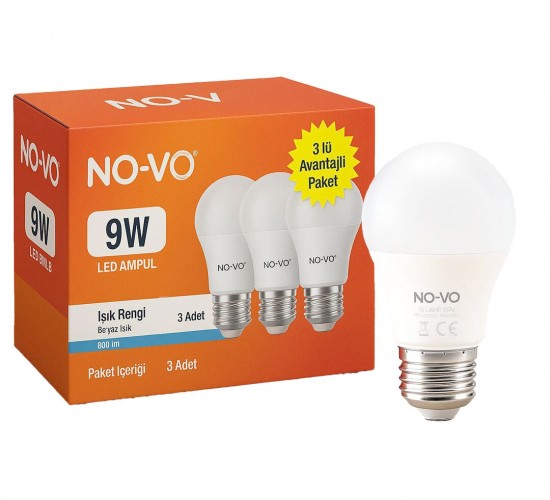 NO-VO ( 3LÜ AVANTAJ PAKET ) ( 9W ) ( BEYAZ ) LED AMPUL ( E27 ) ( 806LM ) ( 6500K ) (15.000 SAAT ÖMÜR)*80