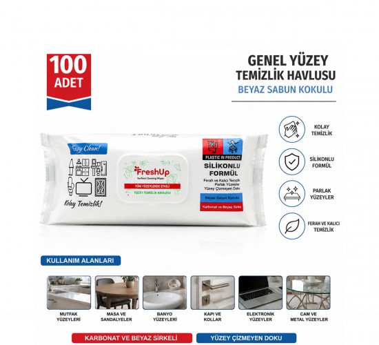 FRESHUP ( 100PCS ) ( GENEL YÜZEY TEMİZLİK HAVLUSU & BEYAZ SABUN KOKULU ) ISLAK MENDİL*12=K