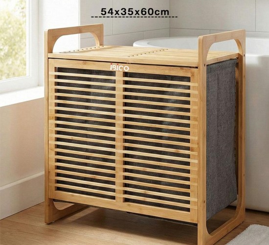 İBİCO İ21-154  ( KALIN AHŞAP BAMBU )  ( 2 BÖLMELİ ) KİRLİ ÇAMAŞIR SEPETİ ( KUMAŞ ÇANTALI ) ( SEPET=54X35X60CM )*6