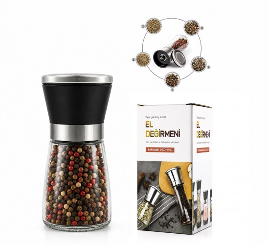İBİCO İ22-410 HAND GRINDER ( KÜÇÜK ) ( CAM HAZNELİ & PLS.KAPAKLI & KROM BELLİ ) TUZ & BAHARAT ÖĞÜTÜCÜ*80