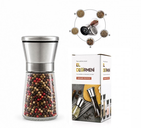 İBİCO İ22-411 HAND GRINDER ( KÜÇÜK ) ( CAM HAZNELİ & KROM KAPLAMA PLS.KAPAKLI ) TUZ & BAHARAT ÖĞÜTÜCÜ*80