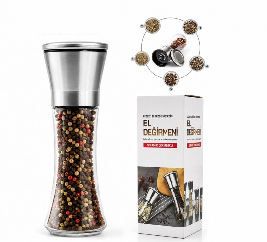 İBİCO İ22-412 HAND GRINDER ( BÜYÜK ) ( CAM HAZNELİ & KROM KAPLAMA PLS.KAPAKLI ) TUZ & BAHARAT ÖĞÜTÜCÜ*80