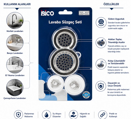 İBİCO İ22-427 ( 4PCS ) LAVABO SÜZGEÇ & TIPA SETİ ( 2 BOY SÜZGEÇ & 2 BOY PLASTİK TIPA )*12X25