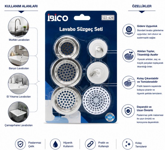 İBİCO İ22-428 ( 6PCS ) LAVABO SÜZGEÇ & TIPA SETİ ( 3AD-METAL + 1AD-PLASTİK SÜZGEÇ &  2AD-PLASTİK TIPA )*12X20