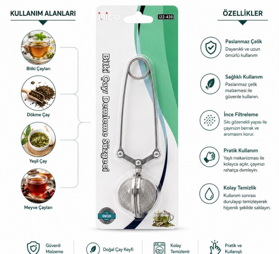 İBİCO İ22-430 ( MAŞALI ) ( TEL METAL ) BİTKİ ÇAY DEMLEME SÜZGEÇ ( PASLANMAZ ÇELİK ) ( ÇAP: 5CM )*12X24
