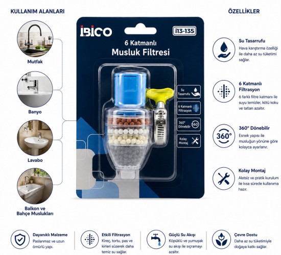İBİCO İ13-135 MUSLUK UCU FİLTRESİ ( 6 KATMANLI & TAŞLI ) ( 360° ) ( 16-19MM TÜM MUSLUKLARA UYUM ) ( KİREÇLENME YAPMAZ )*12X25