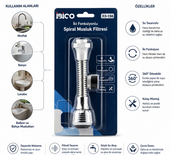 İBİCO İ13-136 MUSLUK UCU FİLTRESİ ( 2 FONKSİYONLU ) ( SPİRALLİ YAYLI &  360° DERECE DÖNEBİLEN BAŞLIK ) ( 16-19MM CAŞLIK ÇAPI )*12X25