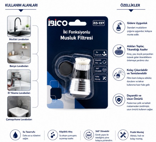 İBİCO İ13-137 MUSLUK UCU FİLTRESİ ( 2 FONKSİYONLU ) ( 360° DERECE DÖNEBİLEN BAŞLIK ) ( 16-19MM CAŞLIK ÇAPI )*12X25