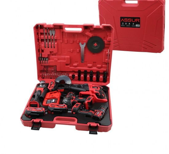 ASSUR ASR-1122 (4PCS) (USTA ELEKTRİKLİ ALET SETİ) (ŞARJLI=21V)( MATKAP & VİDALAMA & SPRAL TAŞLAMA & SOMUN ) PLASTİK ÇANTALI*2