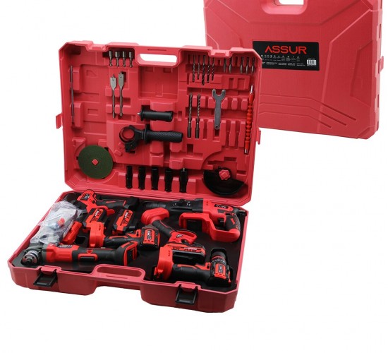 ASSUR ASR-1268 (6PCS) (USTA ELEKTRİKLİ ALET SETİ) (ŞARJLI=21V) ( SPRAL TAŞLAMA & HİLTİ & BAĞ MAKAS & SOMUN SÖKME & DARBELİ VİDALAMA & BUDAMA TESTERE ) PLASTİK ÇANTAL*2