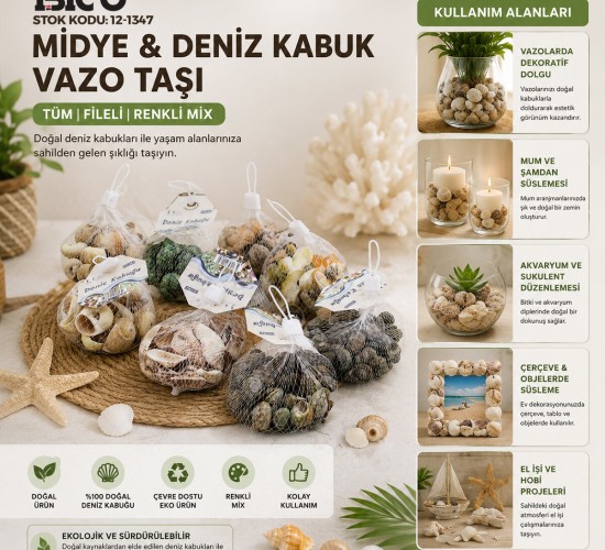 İBİCO İ12-243 ( FİLELİ ) ( RENKLİ MİX ) ( EKO ) MİDYE & DENİZ KABUK VAZO TAŞI*20X10