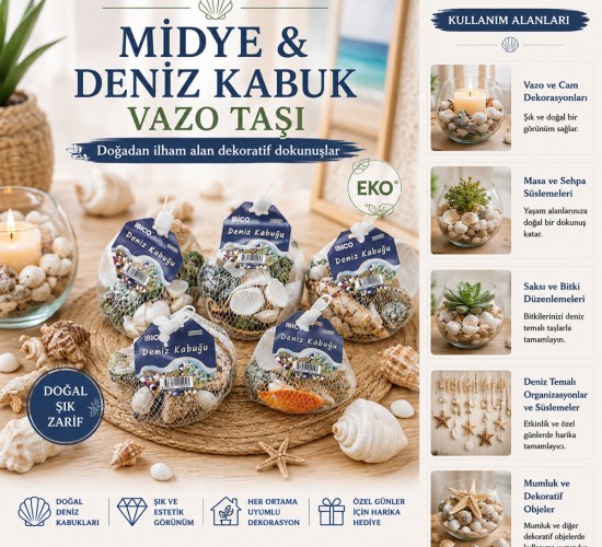 İBİCO İ12-245 ( FİLELİ ) ( RENKLİ MİX ) ( EKO ) MİDYE & DENİZ KABUK VAZO TAŞI*15X10