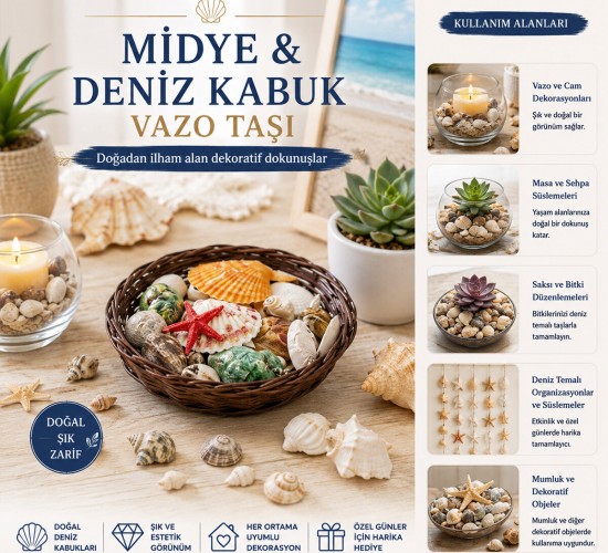 İBİCO İ12-246 ( YUVARLAK AHŞAP SEPET ) ( RENKLİ MİX ) MİDYE & DENİZ KABUK VAZO TAŞI*54